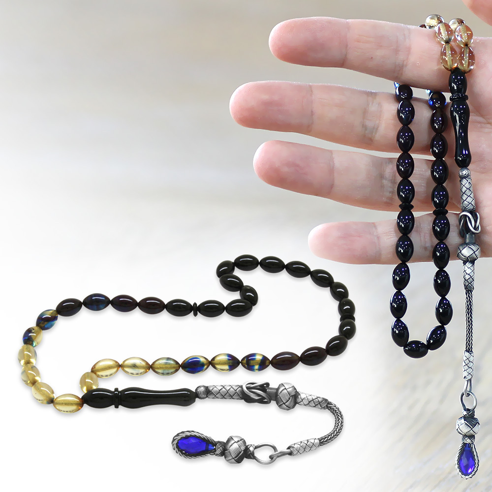 1000 Ayar Gümüş Kazaz Püsküllü Arpa Kesim Süzme Mavi Beyaz Ateş Kehribar Tesbih - 1