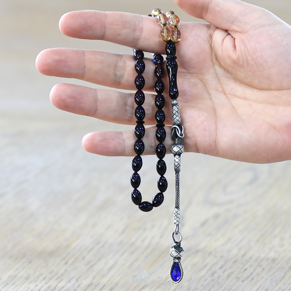 1000 Ayar Gümüş Kazaz Püsküllü Arpa Kesim Süzme Mavi Beyaz Ateş Kehribar Tesbih - 2