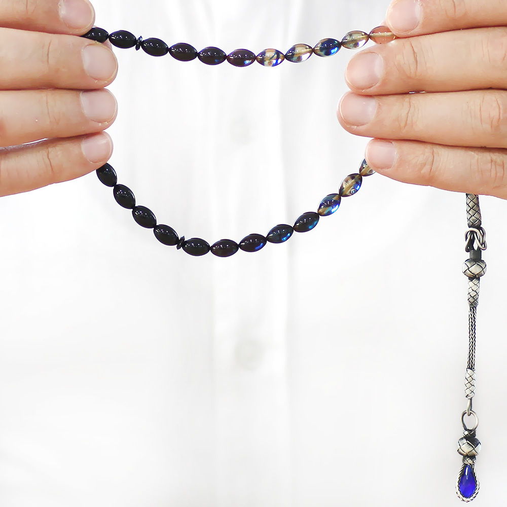 1000 Ayar Gümüş Kazaz Püsküllü Arpa Kesim Süzme Mavi Beyaz Ateş Kehribar Tesbih - 3