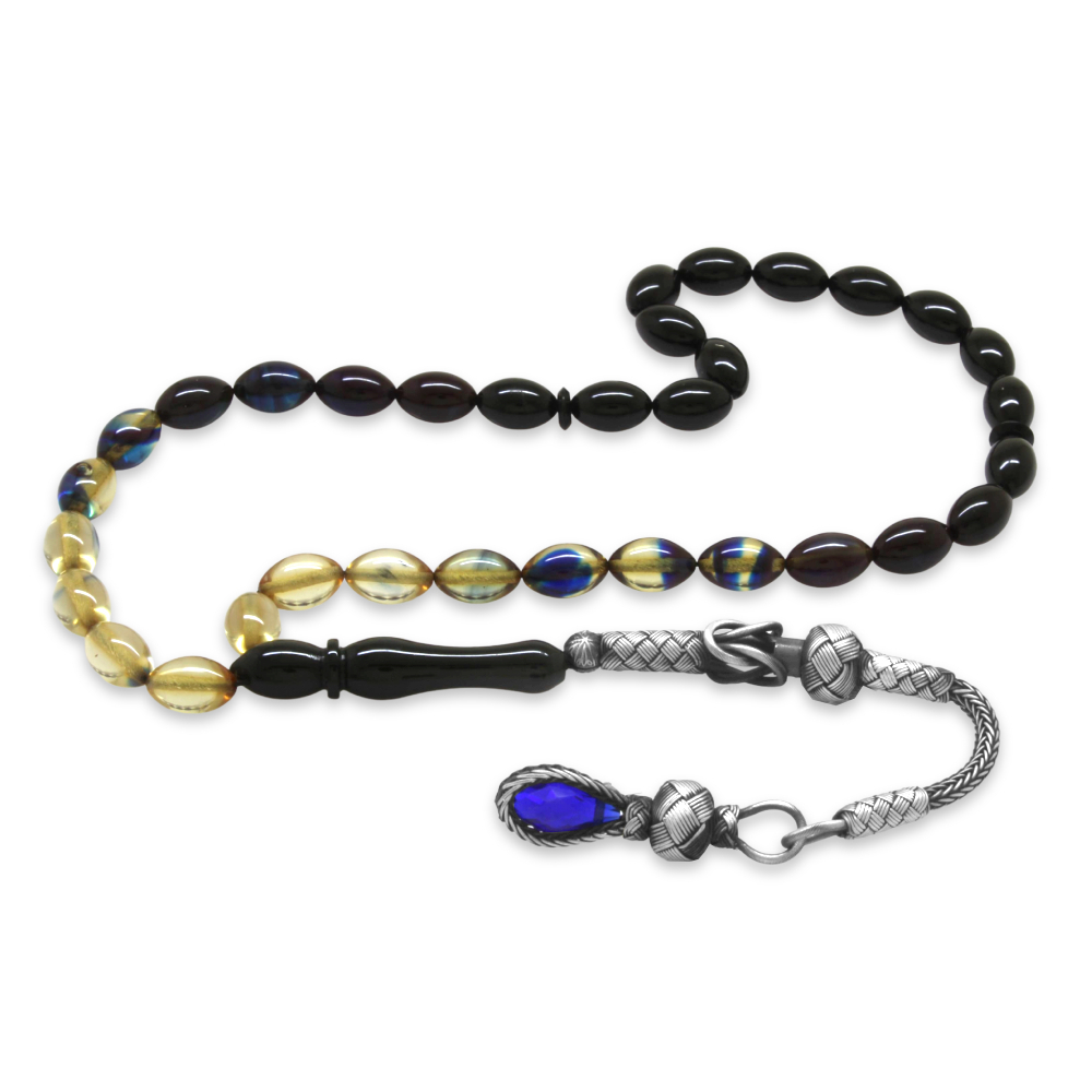 1000 Ayar Gümüş Kazaz Püsküllü Arpa Kesim Süzme Mavi Beyaz Ateş Kehribar Tesbih - 4