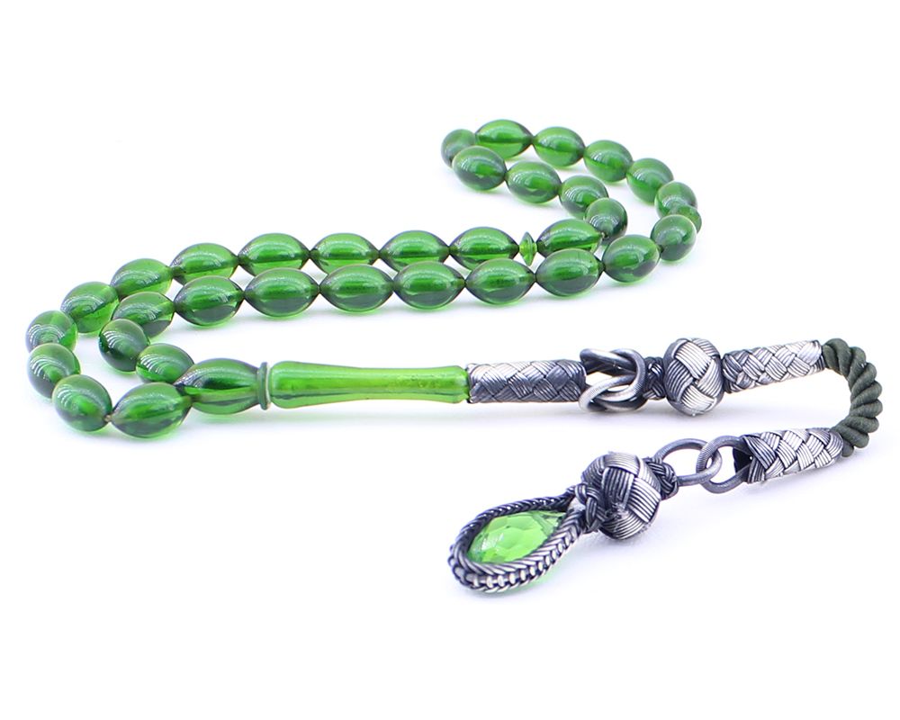 1000 Ayar Gümüş Kazaz Püsküllü Arpa Kesim Yeşil Sıkma Kehribar Tesbih - 1