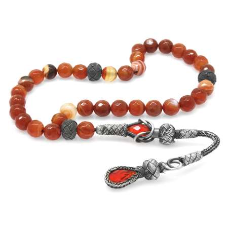 1000 Ayar Gümüş Kazaz Püsküllü Fasetalı Küre Kesim Kırmızı Akik Doğaltaş Tesbih - Tesbihane