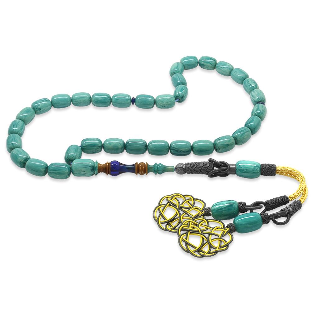 1000 Ayar Gümüş Kazaz Püsküllü Her Tanesi Usta İşçilikli İmame Hitame Kuka Turkuaz Katalin Tesbih - 1