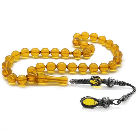 1000 Ayar Gümüş Kazaz Püsküllü İstanbul Kesim Altın Sarısı Ateş Kehribar Tesbih - Tesbihane