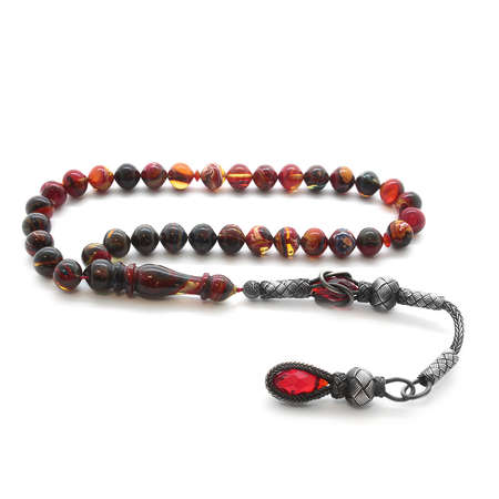 1000 Ayar Gümüş Kazaz Püsküllü İstanbul Kesim Rengarenk Sıkma Kehribar Tesbih - Tesbihane