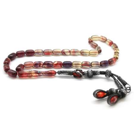 1000 Ayar Gümüş Kazaz Püsküllü Kapsül Kesim Kırmızı-Bej Ateş Kehribar Tesbih - Tesbihane