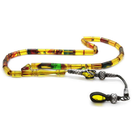 1000 Ayar Gümüş Kazaz Püsküllü Kesme Kesim Kırmızı-Sarı Ateş Kehribar Tesbih - Tesbihane