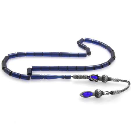 1000 Ayar Gümüş Kazaz Püsküllü Kesme Kesim Lacivert Sıkma Kehribar Tesbih - Tesbihane