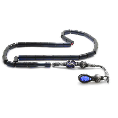 1000 Ayar Gümüş Kazaz Püsküllü Kesme Kesim Parliament Mavi Sıkma Kehribar Tesbih - Tesbihane