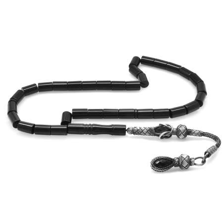 1000 Ayar Gümüş Kazaz Püsküllü Kesme Kesim Siyah Sıkma Kehribar Tesbih - Tesbihane