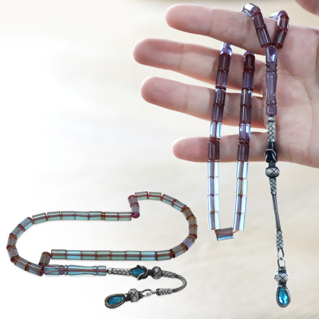 1000 Ayar Gümüş Kazaz Püsküllü Kesme Kesim Turkuaz Ateş Kehribar Tesbih - Tesbihane