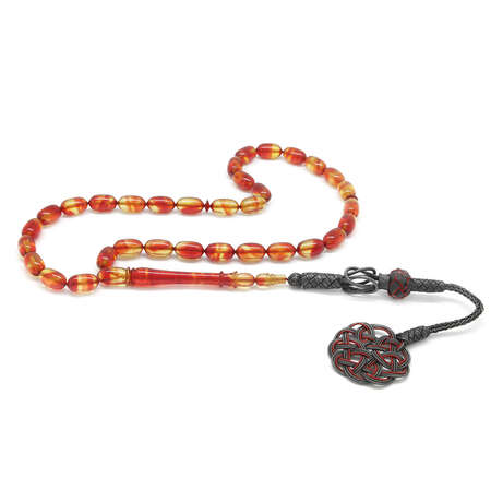 1000 Ayar Gümüş Kazaz Püsküllü Kolye Kesim Kırmızı-Sarı Ateş Kehribar Tesbih - Tesbihane