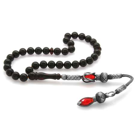 1000 Ayar Gümüş Kazaz Püsküllü Küre Kesim Ateş Kırmızı Damla Kehribar Tesbih - Tesbihane