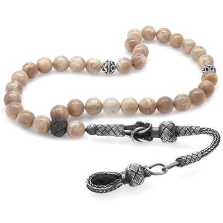 1000 Ayar Gümüş Kazaz Püsküllü Küre Kesim Ay Taşı Doğaltaş Tesbih - Tesbihane