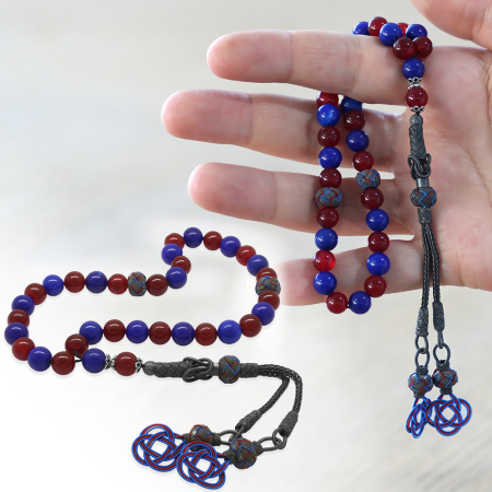 1000 Ayar Gümüş Kazaz Püsküllü Küre Kesim Bordo Mavi Jade Doğaltaş Taraftar Tesbih - Tesbihane