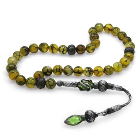 1000 Ayar Gümüş Kazaz Püsküllü Küre Kesim Damarlı Akik Doğaltaş Tesbih - Tesbihane