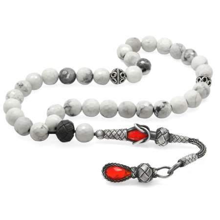 1000 Ayar Gümüş Kazaz Püsküllü Küre Kesim Fasetalı Havlit Doğaltaş Tesbih - Tesbihane