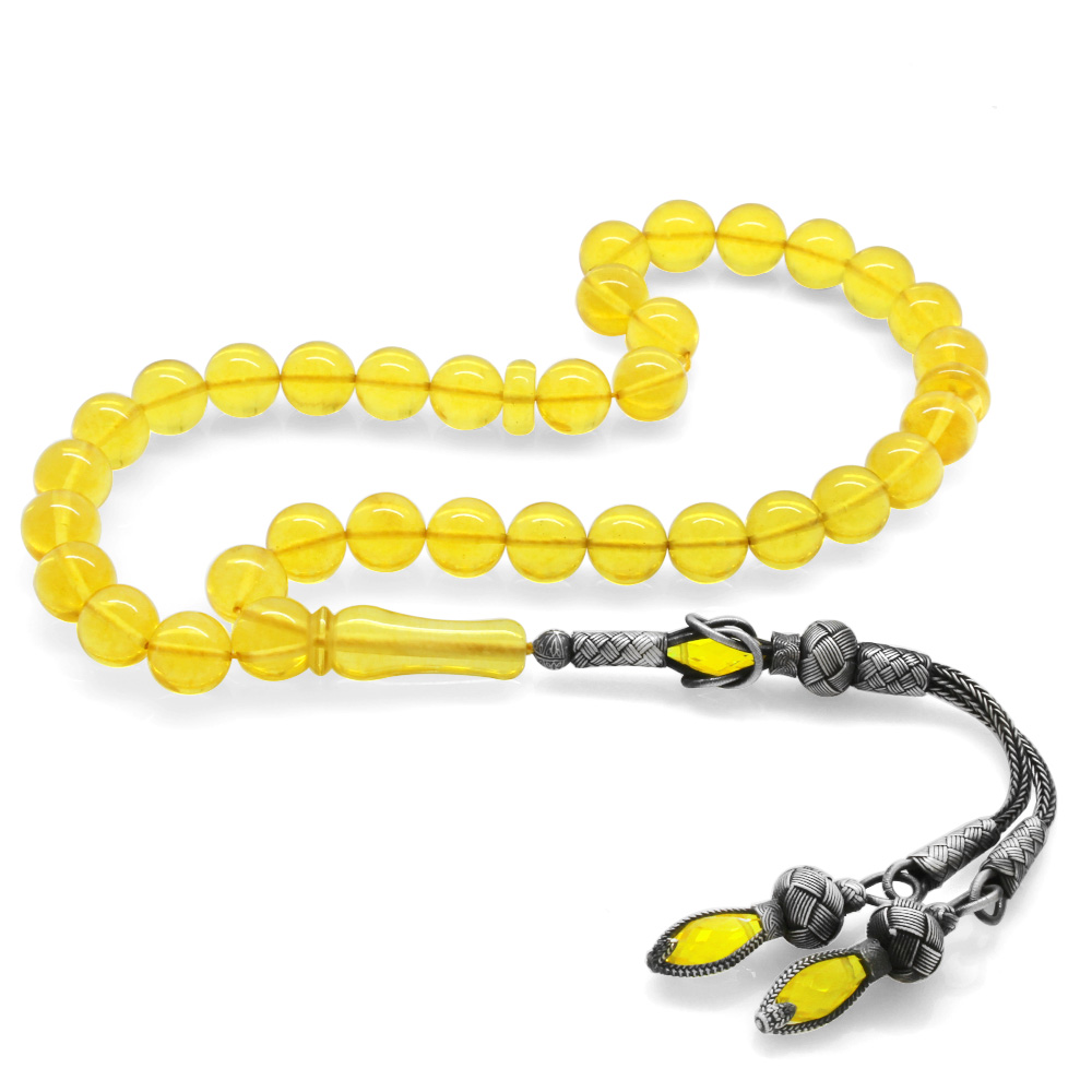 1000 Ayar Gümüş Kazaz Püsküllü Küre Kesim Şeffaf Sarı Damla Kehribar Tesbih - 1