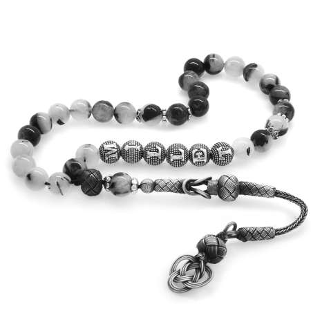 1000 Ayar Gümüş Kazaz Püsküllü Küre Kesim İsim Yazılı Kuvars Doğaltaş Tesbih - Tesbihane