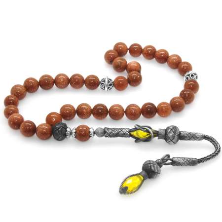 1000 Ayar Gümüş Kazaz Püsküllü Küre Kesim Kahverengi Yıldız Taşı Doğaltaş Tesbih - Tesbihane