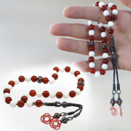 1000 Ayar Gümüş Kazaz Püsküllü Küre Kesim Kırmızı Beyaz Jade Akik Doğaltaş Taraftar Tesbih - Tesbihane