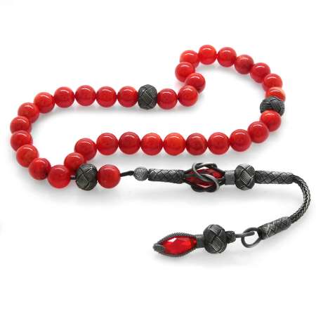 1000 Ayar Gümüş Kazaz Püsküllü Küre Kesim Kırmızı Sedef Doğaltaş Tesbih - Tesbihane