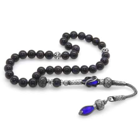 1000 Ayar Gümüş Kazaz Püsküllü Küre Kesim Mavi Yıldız Taşı Doğaltaş Tesbih - Tesbihane