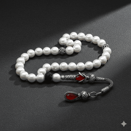 1000 Ayar Gümüş Kazaz Püsküllü Küre Kesim Mayorka İnci Doğaltaş Tesbih - Tesbihane