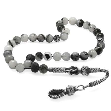 1000 Ayar Gümüş Kazaz Püsküllü Küre Kesim Rutil Kuvars Doğaltaş Tesbih - Tesbihane