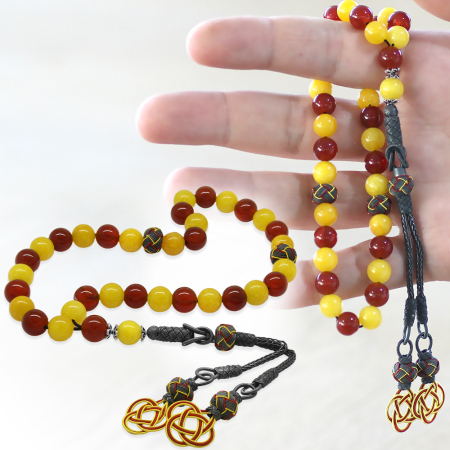 1000 Ayar Gümüş Kazaz Püsküllü Küre Kesim Sarı Kırmızı Jade Akik Doğaltaş Taraftar Tesbih - Tesbihane