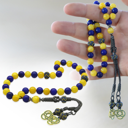 1000 Ayar Gümüş Kazaz Püsküllü Küre Kesim Sarı Lacivert Jade Doğaltaş Taraftar Tesbih - Tesbihane