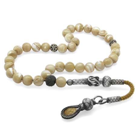 1000 Ayar Gümüş Kazaz Püsküllü Küre Kesim Sarı Sedef Doğaltaş Tesbih - Tesbihane