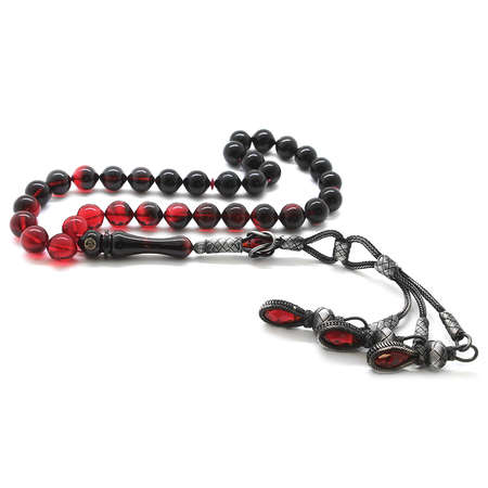 1000 Ayar Gümüş Kazaz Püsküllü Özel Kesim Süzme Kırmızı Ateş Kehribar Tesbih(M1) - Tesbihane