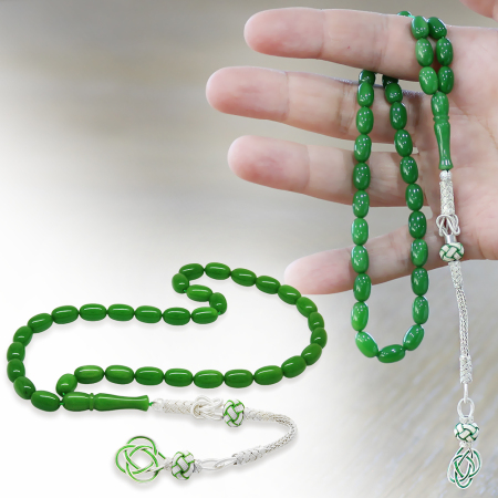 1000 Ayar Gümüş Kazaz Püsküllü Özel Kesim Zümrüt Yeşili Sıkma Kehribar Tesbih - Tesbihane