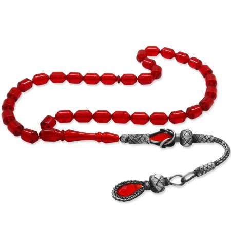 1000 Ayar Gümüş Kazaz Püsküllü Elmas Kesim Bayrak Kırmızı Ateş Kehribar Tesbih - Tesbihane