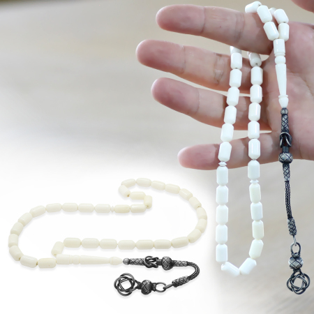 1000 Ayar Gümüş Kazaz Püsküllü Uçlu Kapsül Kesim Beyaz Renk Deve Kemiği Tesbih - Tesbihane