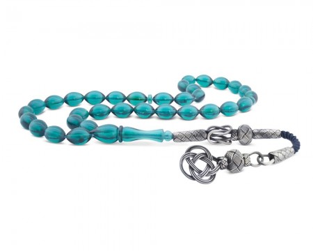 1000 Ayar Gümüş Kazaziye  Püsküllü Petrol Yeşili Sıkma Kehribar Tesbih - Tesbihane