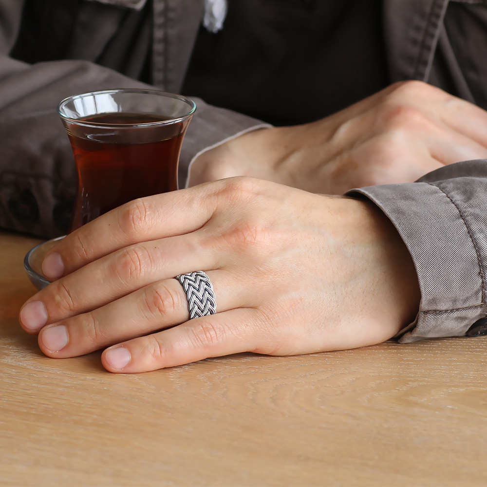 Beyaz Siyah Renkli 1000 Ayar Gümüş Trabzon El Örmesi Kazaz Yüzük - 3