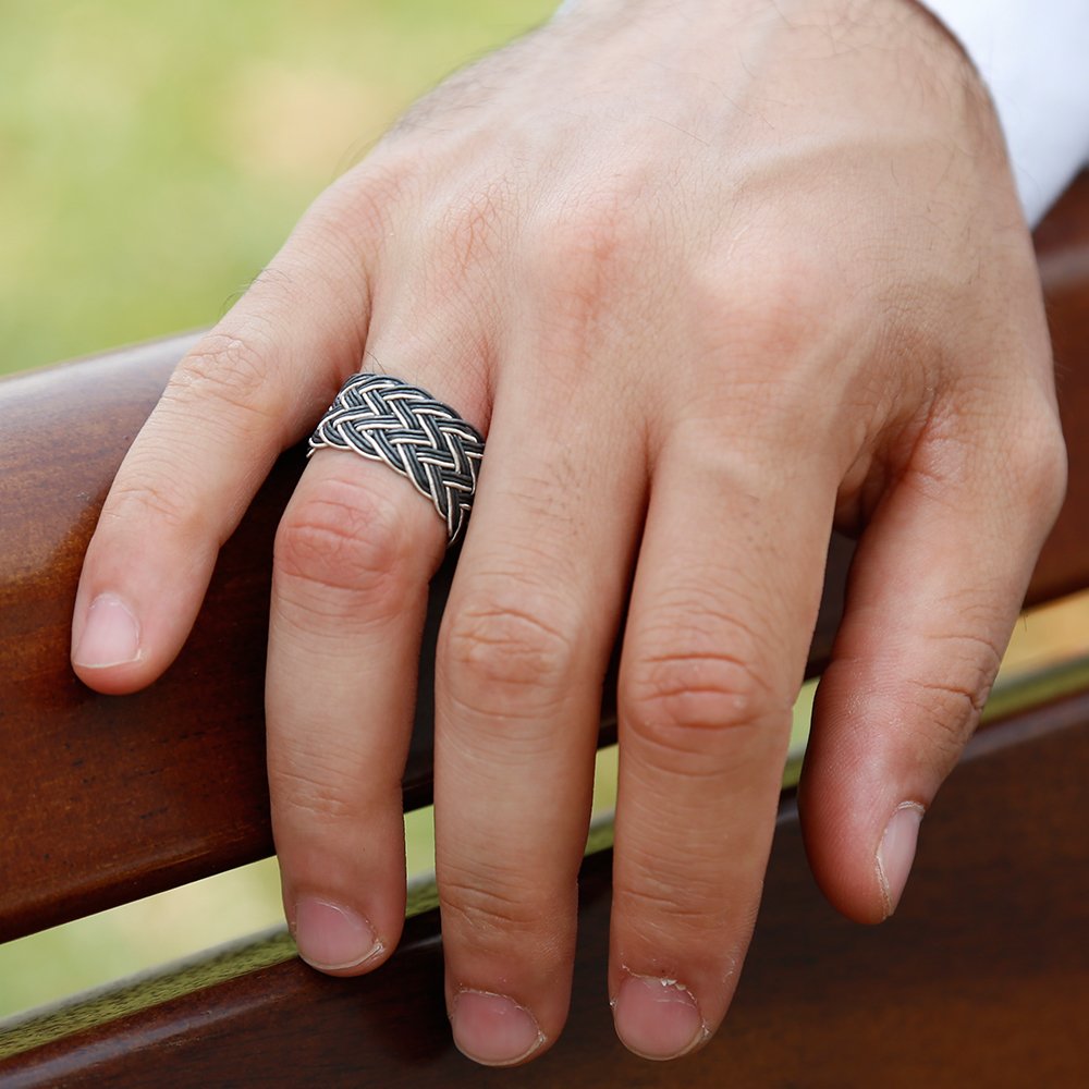 Siyah Beyaz Renkli 1000 Ayar Gümüş Trabzon El Örmesi Kazaz Yüzük - 5