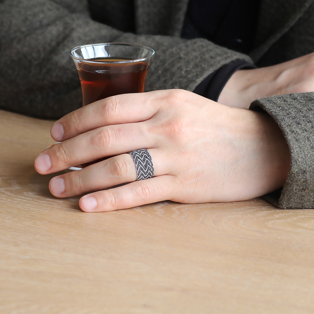 Siyah Beyaz Renkli 1000 Ayar Gümüş Trabzon El Örmesi Kazaz Yüzük - 3