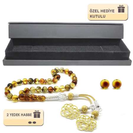 1000 Ayar Kazaz Çift Püsküllü Küre Kesim Fosilli Sarı Damla Kehribar Tesbih - Tesbihane