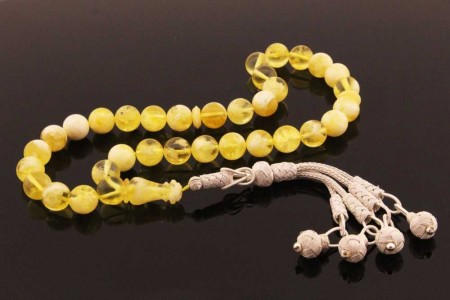 1000 Ayar Kazaz Dört Püsküllü Damla Kehribar Tesbih - Hediye Kutulu - Tesbihane