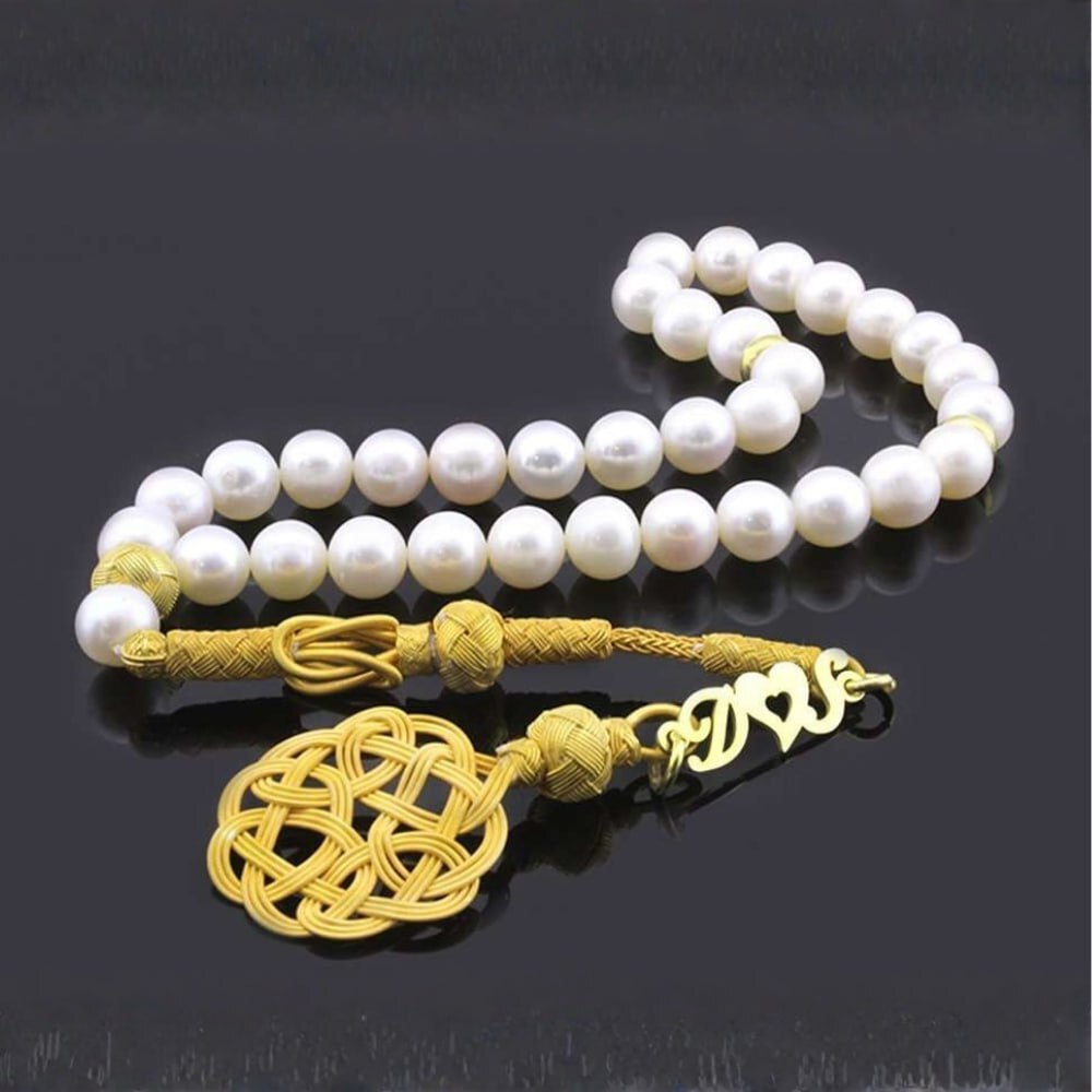 1000 Ayar Gümüş Kazaz Çift Harf Püsküllü Küre Kesim Doğal İnci Tesbih - 1