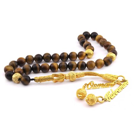 1000 Ayar Gümüş Kazaz İsim Yazılı Püsküllü Küre Kesim Kaplan Gözü Doğaltaş Tesbih - Tesbihane