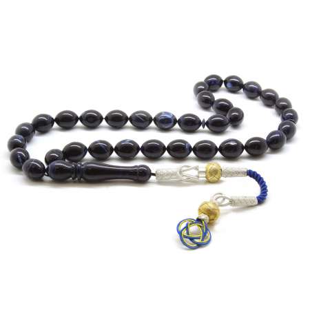 1000 Ayar Kazaz Püsküllü Arpa Kesim Hareli Lacivert Sıkma Kehribar Tesbih - Tesbihane