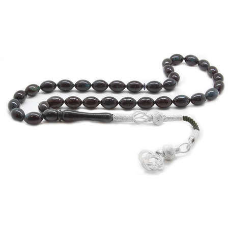 1000 Ayar Kazaz Püsküllü Arpa Kesim Hareli Mavi-Siyah Sıkma Kehribar Tesbih (M1) - Tesbihane