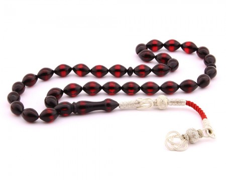 1000 Ayar Kazaz Püsküllü Arpa Kesim Sürmeli Kehribar Tesbih (Model-1) - Tesbihane