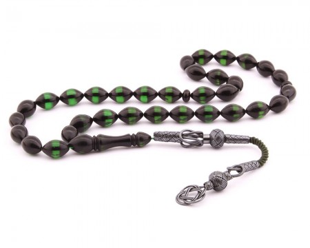 1000 Ayar Kazaz Püsküllü Arpa Kesim Sürmeli Kehribar Tesbih (Model-2) - Tesbihane