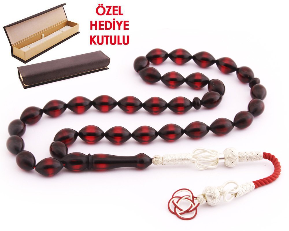 1000 Ayar Kazaz Püsküllü Arpa Kesim Sürmeli Sıkma Kehribar Tesbih - Hediye Kutulu - 2