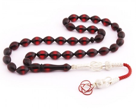 1000 Ayar Kazaz Püsküllü Arpa Kesim Sürmeli Sıkma Kehribar Tesbih - Hediye Kutulu - Tesbihane